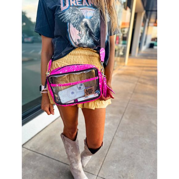 Priscilla Clear Cowhide Crossbody Purse Bag Concert Festival Stadium Pink Silver - Picture 1 of 8